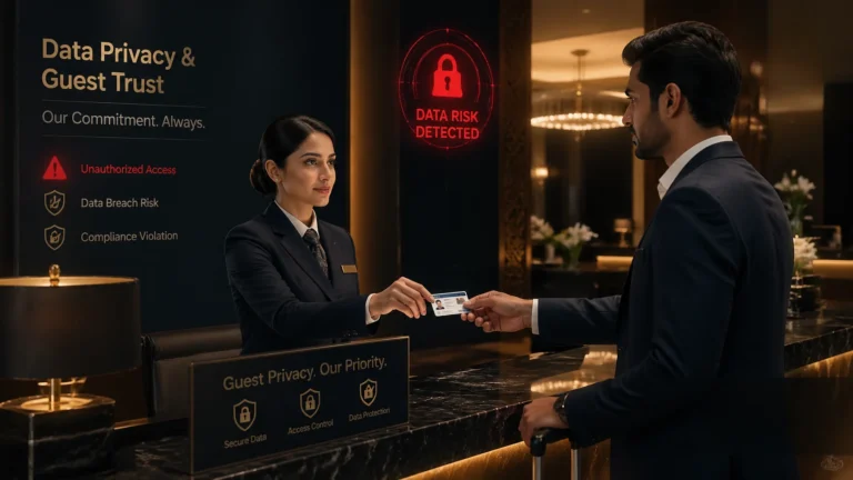 Hotel front desk receptionist collecting guest ID during check-in highlighting data privacy risks and DPDP compliance requirements in India